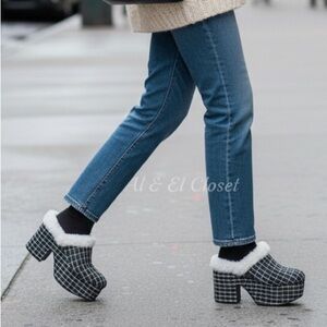 Larroudé Miso Clog Tweed Black Platform Shearling Lined Heels Size 10 New In Box